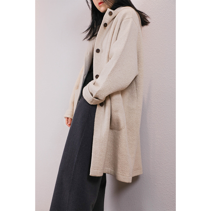 东雍 梦想一定要有 重磅加密泡泡肌理连帽中长款羊绒大衣外套