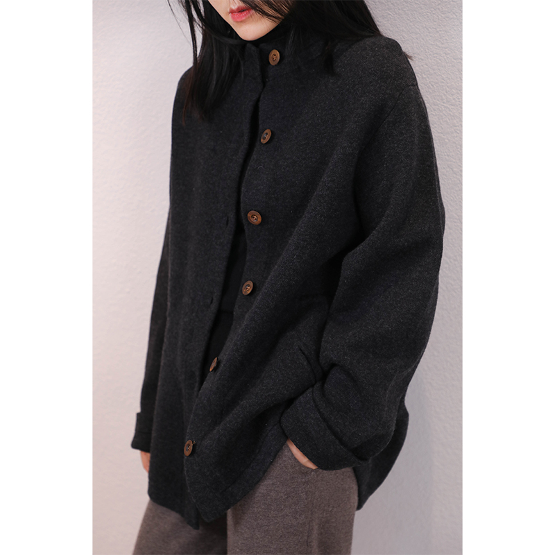 东雍 时光有情 复古中山领加密带兜抽绳收腰羊绒开衫夹克大衣外套