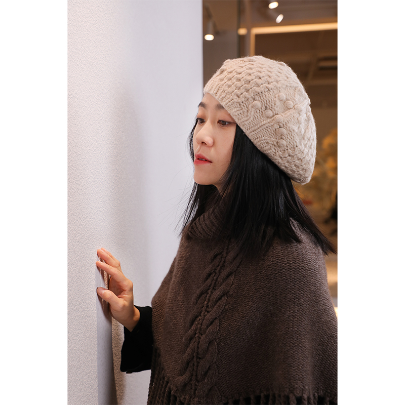 东雍 法式浪漫优雅手工球球纯色羊绒针织毛线加厚保暖休闲贝雷帽