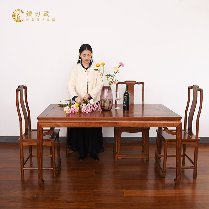 铁力藏 铁力木霸王枨餐桌红木家具餐桌 铁梨木长方形餐桌桌椅组合