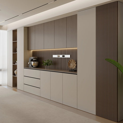 全屋定制餐边柜现代简约轻奢高级法式一体靠墙玻璃门岩板台面定做