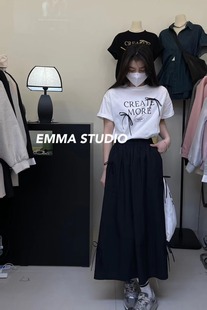 设计感套装 女夏蝴蝶结字母印花宽松短袖 韩版 EMMA 休闲半裙两件套