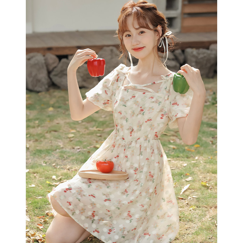 夏季新款裙子女茶歇法式桔梗减龄少女森系小个子雪纺碎花连衣裙