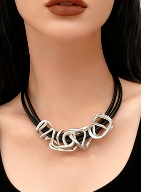 欧美个性时尚夸张不规则圆环项链复古个性百搭双层皮绳锁骨链