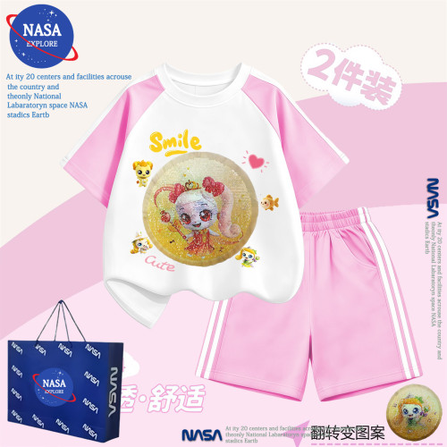 NASA女童夏季新款奇妙萌可亮片纯棉短袖T恤裤子休闲运动两件套装
