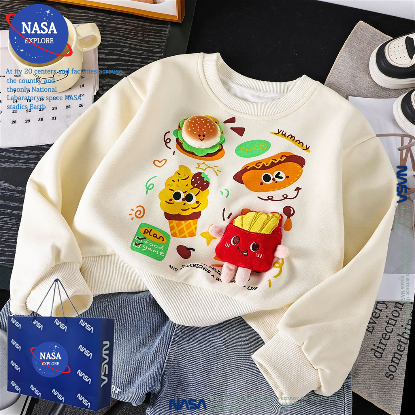 NASA男女童薯条汉堡卡通立体玩偶卫衣秋冬新款中小儿童装可爱上衣
