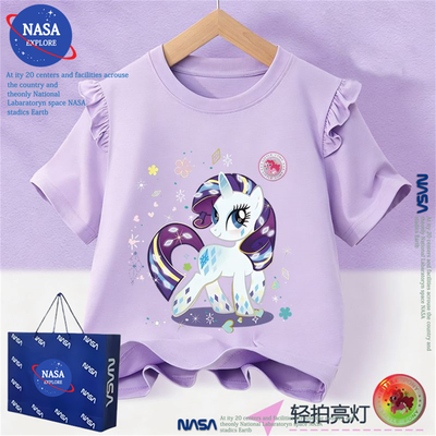 NASA女童纯棉儿童短袖T恤夏季小马宝莉印花亮灯宝宝飞飞袖上衣服