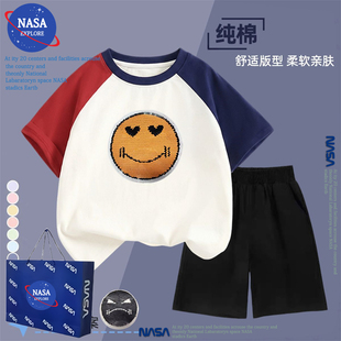 NASA男童笑脸亮片变色衣服t恤夏季珠片翻转变脸短袖短裤两件套装