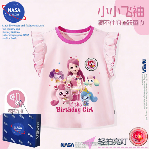 NASA奇妙萌可纯棉无袖t恤上衣夏季新款女孩洋气卡通女童飞袖背心