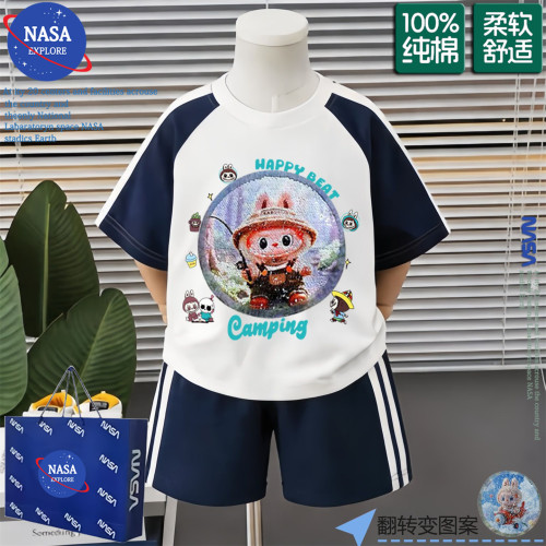 NASA男童短袖T恤夏季2026新款儿童亮片变色上衣休闲短裤两件套装