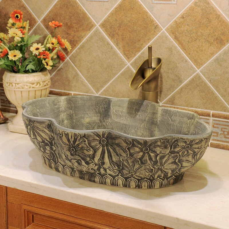 新中式陶瓷台上盆洗脸盆台上艺术盆灰色仿古洗手盆浴室面盆大尺寸