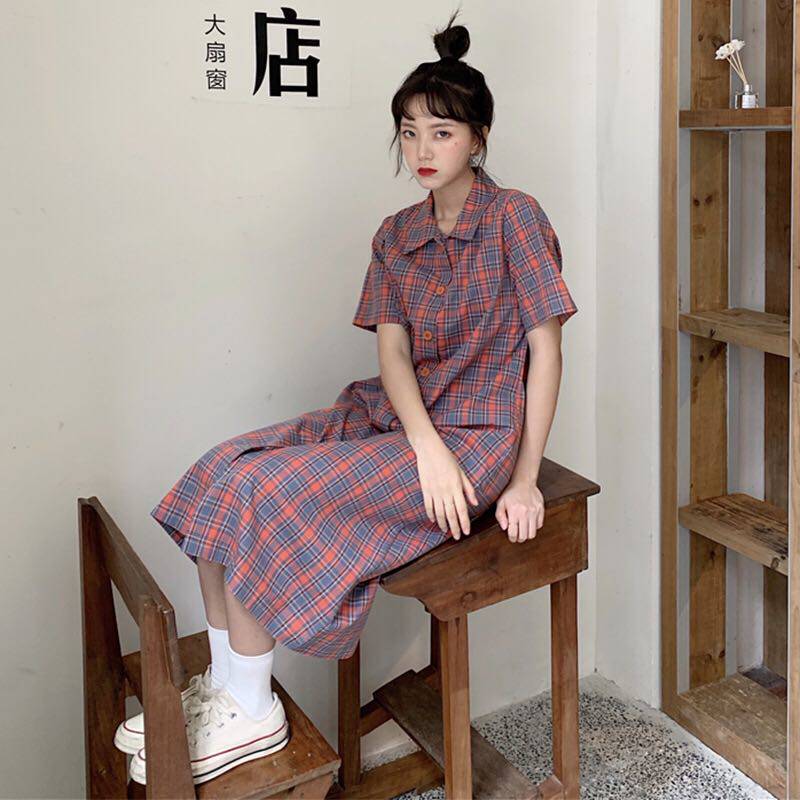 T&Q法式复古格子直筒显瘦po连衣裙