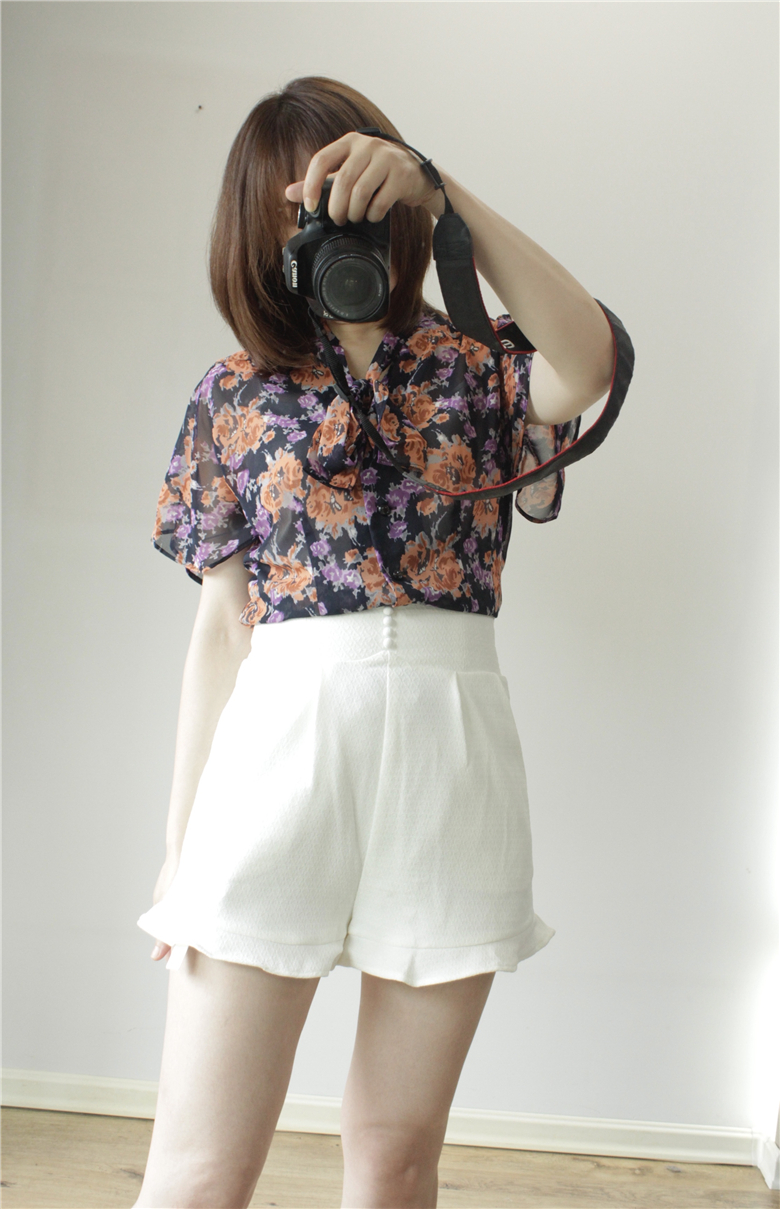 雪纺衬衫日单花柄小飞袖飘带