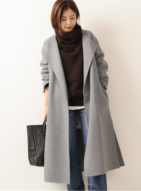 日单SPICK SP*N 90%羊毛手缝的双面毛呢大衣长款外套女腰带无扣款