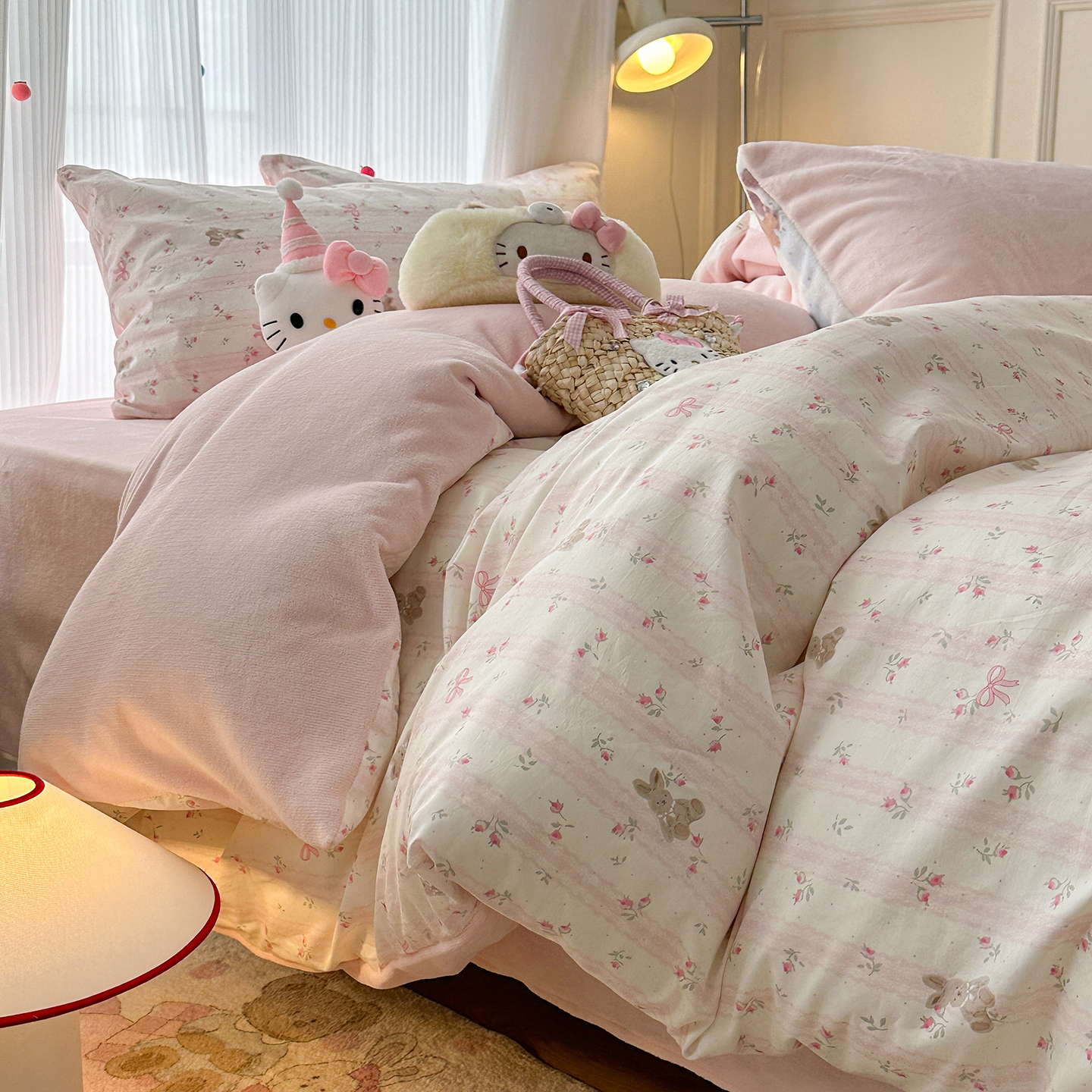 蕾丝碎花兔纯棉牛奶绒床上四件套