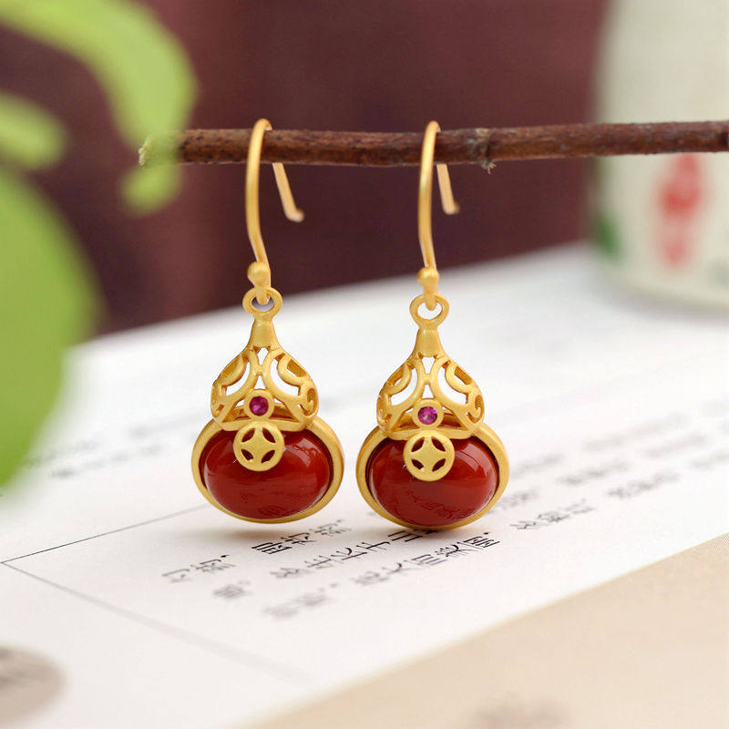 适合配旗袍的和田玉南红葫芦中式风格短发耳环轻奢高级感休闲百搭