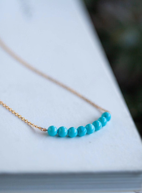 笑脸链原石矿高瓷蓝白松石圆珠锁骨项链14k包金链微笑链