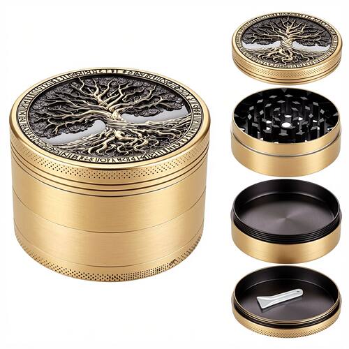 跨境锌合金磨烟器4层生命之树压花金属精雕手动烟丝研磨器Grinder
