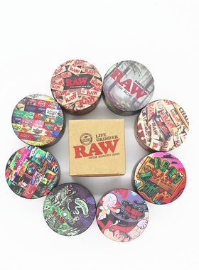 新款raw磨烟器UV彩印全包锌合金50MM四层金属烟草药研磨器grinde