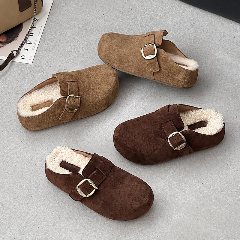 内增高厚底真皮勃肯半拖鞋女时尚加绒休闲包头秋冬季保暖两穿棉鞋