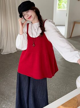 大码减龄宽松显瘦娃娃衫+遮肚藏肉针织吊带二件套胖MM秋休闲套装