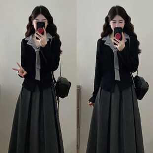 码女装胖mm秋巨好看假两件翻领显瘦刺绣上衣+百褶长裙子二件套装