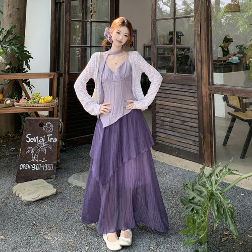 大码夏仙女巨好看浅紫色吊带上衣荷叶边半身裙子防晒小开衫三件套