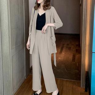 西裝 2024春秋中長款 套裝 子休閑顯瘦三件套女 闊腿褲 長褲 外套 大碼