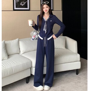 大码秋二件套胖mm撞色刺绣丝带长袖显瘦短上衣阔腿长裤子减龄套装