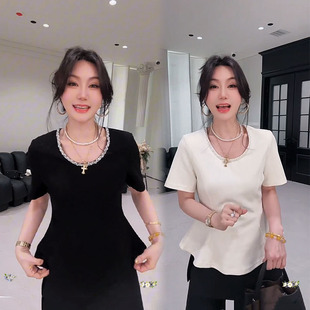 法式收腰短袖T恤女2026春夏新款设计感重工钉珠镶钻显瘦百搭上衣