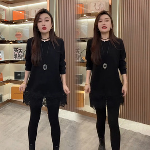 圆领宽松遮肉显瘦裙子 连衣裙女2025秋冬新款 时尚 蕾丝镂空拼接长袖