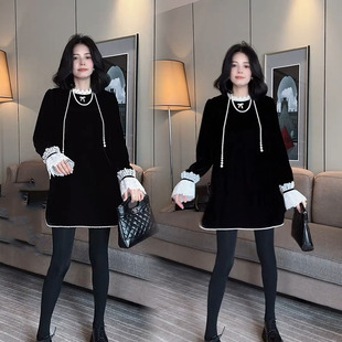 2025秋冬新款 减龄气质端庄显瘦蕾丝拼接底边钉珠丝绒连衣裙女 时尚