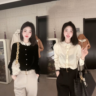 复古文艺风小衫 女设计感小众法式 欧货潮百搭丝绒衬衫 2024秋冬新款