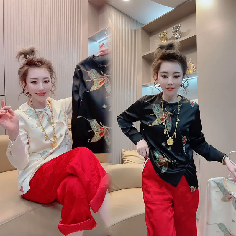 新中式国风盘扣刺绣蝴蝶修身衬衫