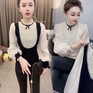 秋冬新款衬衫2023年韩版气质显瘦时尚重工钉珠亮片拼接女上衣小衫