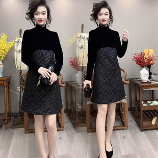 拼接女 A字裙时尚 2024年秋冬新款 连衣裙气质高龄显瘦名媛风中长款