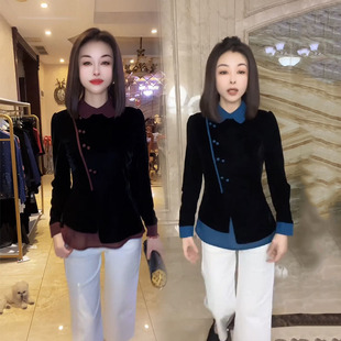 娃娃领丝绒衬衫女2025秋季新款设计感撞色拼接减龄显瘦不对称上衣