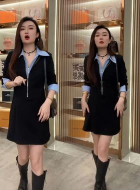 早春新款连衣裙韩版时尚设计感拼接撞色洋气显瘦中长款衬衫裙女裙