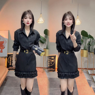 裙 翻领收腰显瘦裙摆荷叶边设计衬衫 气质条纹连衣裙女2025秋季 新款