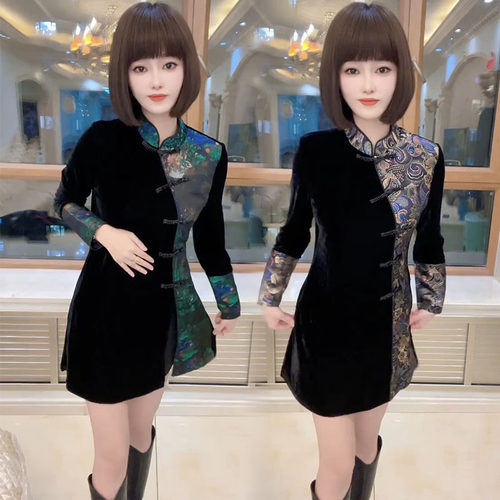 常规韩版拉链长袖丝绒拼接衬衫裙