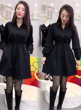 2025年早春新款连衣裙冬季打底裙中长款收腰宽松显瘦V女领衬衫裙