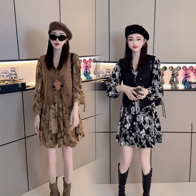 坎袖马甲长袖碎花连衣裙时尚套装