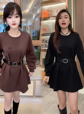 欧货灯笼袖腰带显瘦圆领卫衣裙女