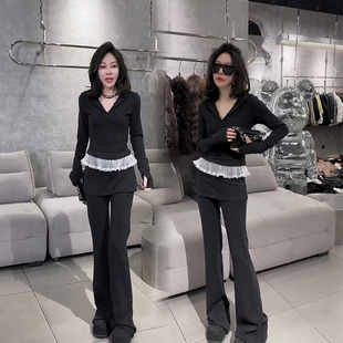 蕾丝拼接连帽上衣高腰裙裤 2025早春新款 女网红爆款 套装 两件套 时尚