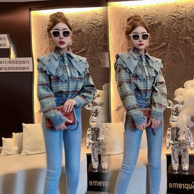 复古格子加绒衬衫女2025春季新款气质蕾丝拼接百搭娃娃领宽松显瘦