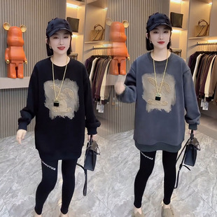 2024年秋季新款加绒卫衣韩版宽松显瘦中长款重工钉珠女休闲大衫裙