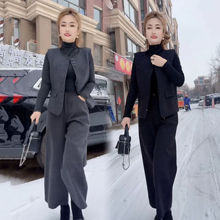 轻奢时尚套装女2026早春新款气质休闲毛呢马甲打底衫裤子三件套潮