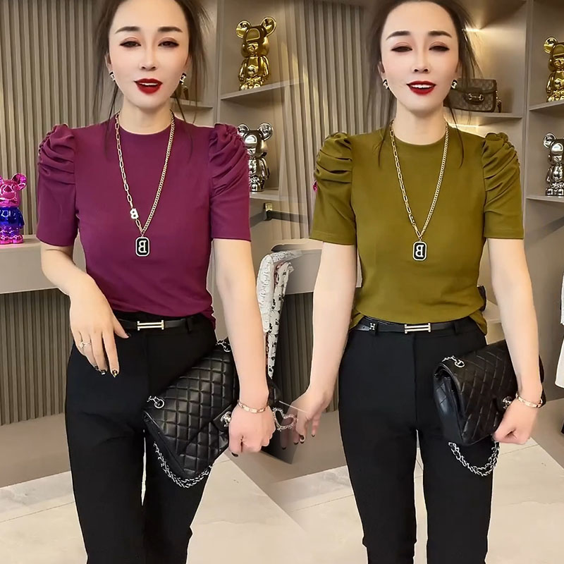 春夏季新款T恤衫2025韩版泡泡袖中袖女小衫设计感百搭网红上衣潮