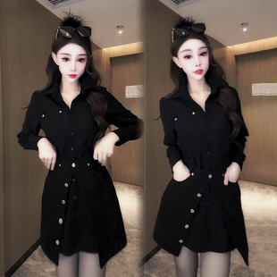时尚简约韩版叠穿遮肉高档连衣裙女2026早春新款休闲假两件衬衫裙