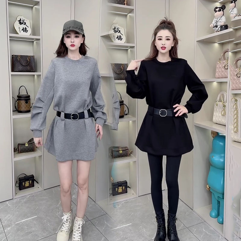 宽松显瘦气质时尚休闲腰带卫衣裙